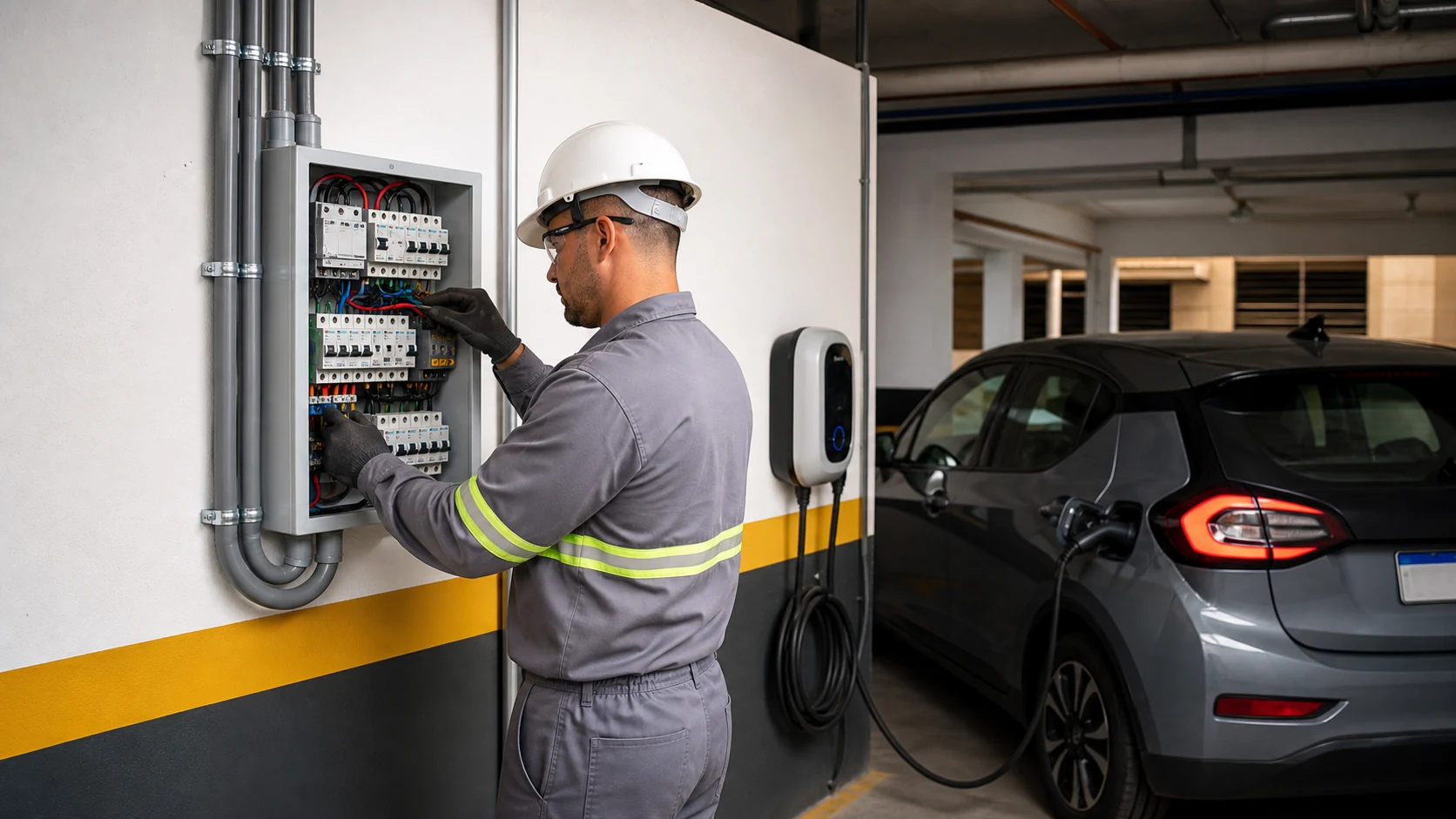 Técnico instalando infraestrutura para carregador